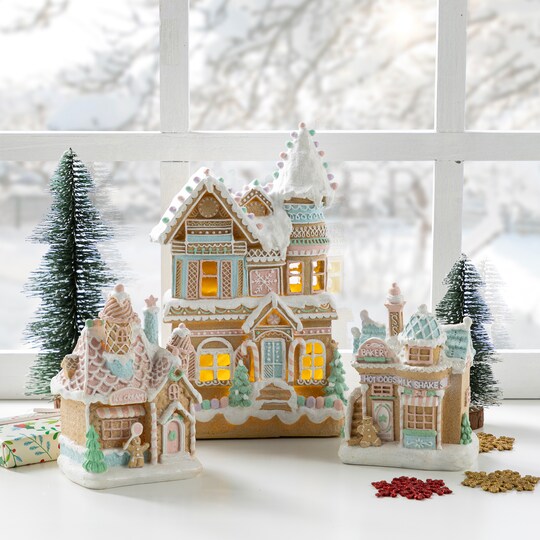 Glitzhome; Set of 3 Christmas Lighted Macaron Resin Village Table Decor Set; Category:Christmas Tabletop Decor; Image:1